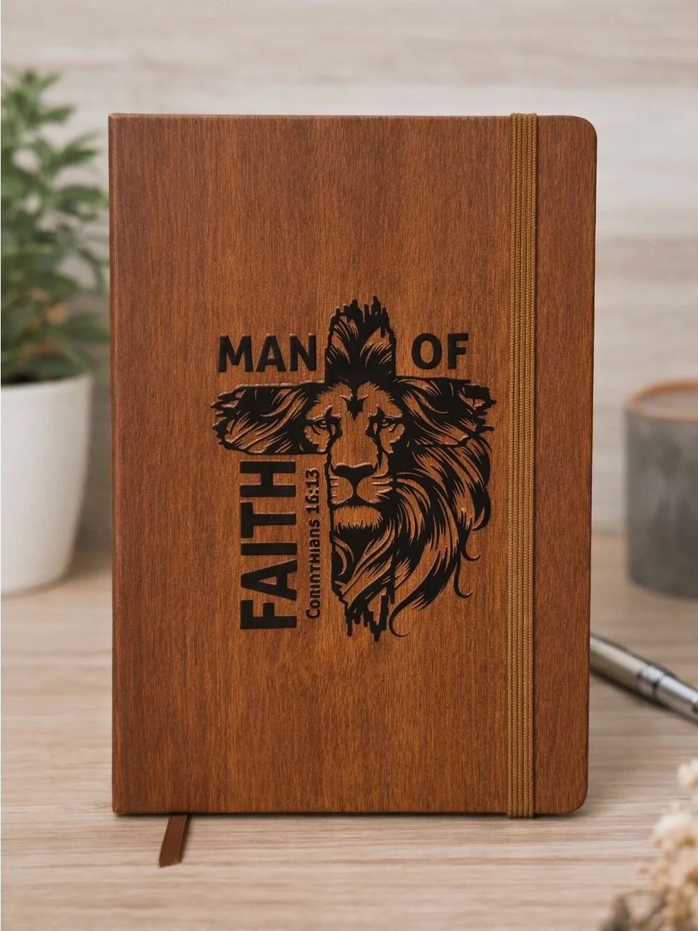 Man of Faith Lion Journal in Woodgrain Brown